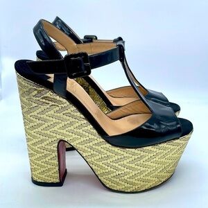 Christian Louboutin Black Patent & Metallic Gold ‘So Bella' T-Bar heels EU38